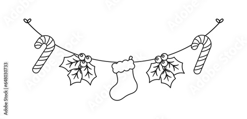 Christmas Garland Outline Doodle Vector Illustration, Christmas Coloring Book Page Line Art Graphics for Kids, Festive Winter Holiday Season Bunting