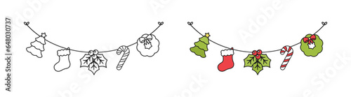 Christmas Garland Outline Doodle Vector Illustration, Christmas Coloring Book Page Line Art Graphics for Kids, Festive Winter Holiday Season Bunting