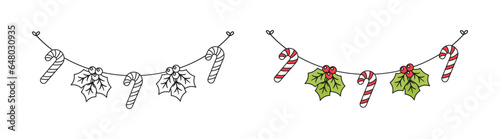 Christmas Mistletoe and Candy Cane Garland Outline Doodle Vector Illustration, Christmas Coloring Book Page Line Art Graphics for Kids, Festive Winter Holiday Season Bunting