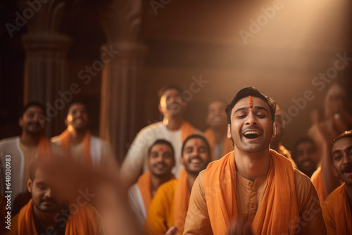 devotees singing devotional songs and bhajans in praise of Lord Krishna. AI generative. photo
