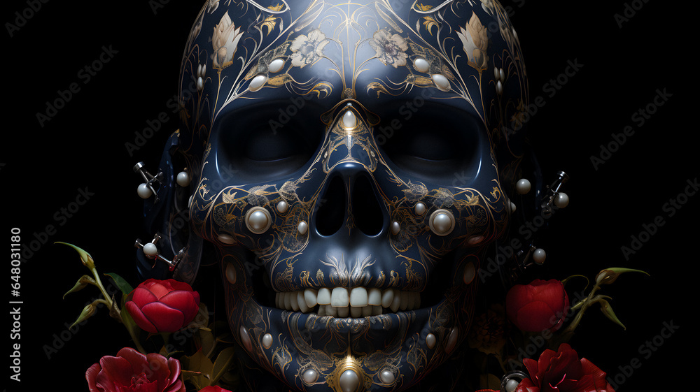 skull with a gold and black design on it Generative AI