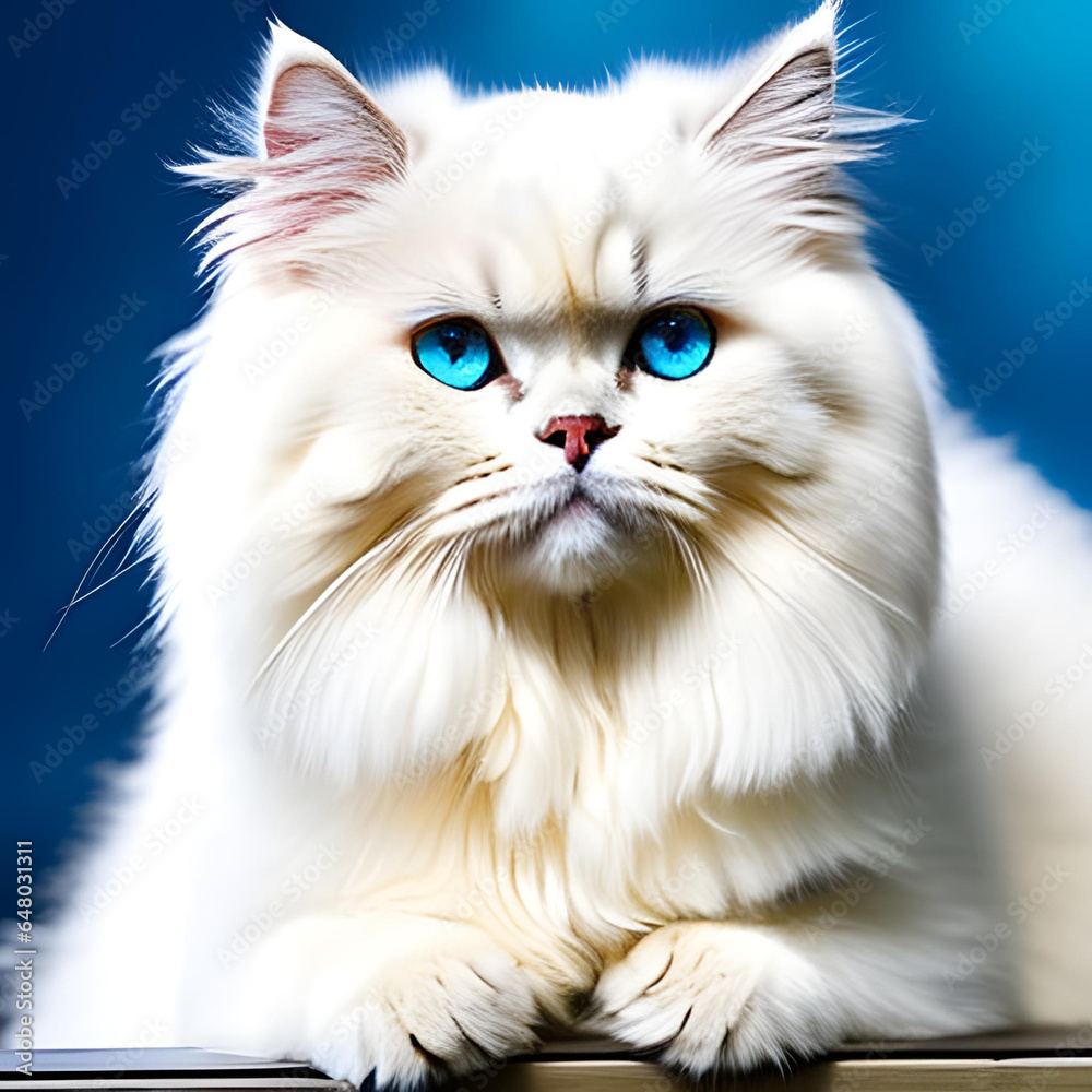 A fluffy white Persian cat with vibrant blue eyes
