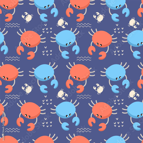 Seamless pattern with crabs.  Flat colorful vector illustration for wrapping paper, textile print.