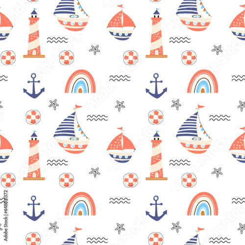 Seamless vector pattern with hand drawn sailing yachts, lighthouses and anchors. Summer bright background for fabric design. Design for kids