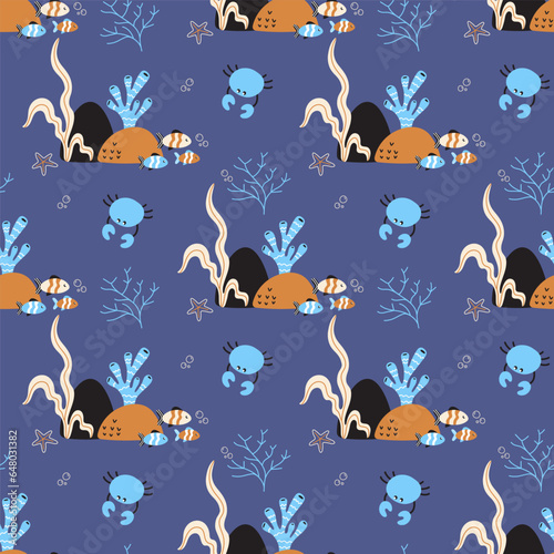 Seamless pattern with corals and seaweed, underwater creatures. Flat colorful vector illustration for wrapping paper, textile print.