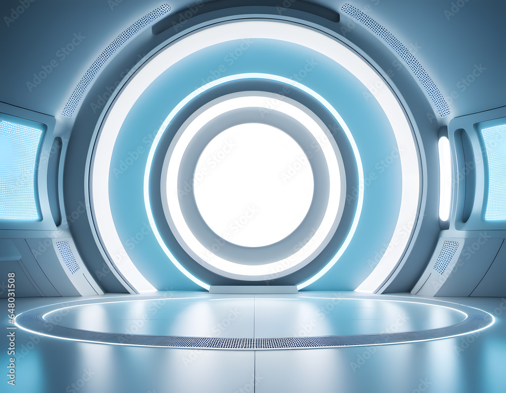 Futuristic empty stand for modern future background technology sci-fi. AI generative. Futuristic empty stand for modern future background technology sci-fi. AI generative.