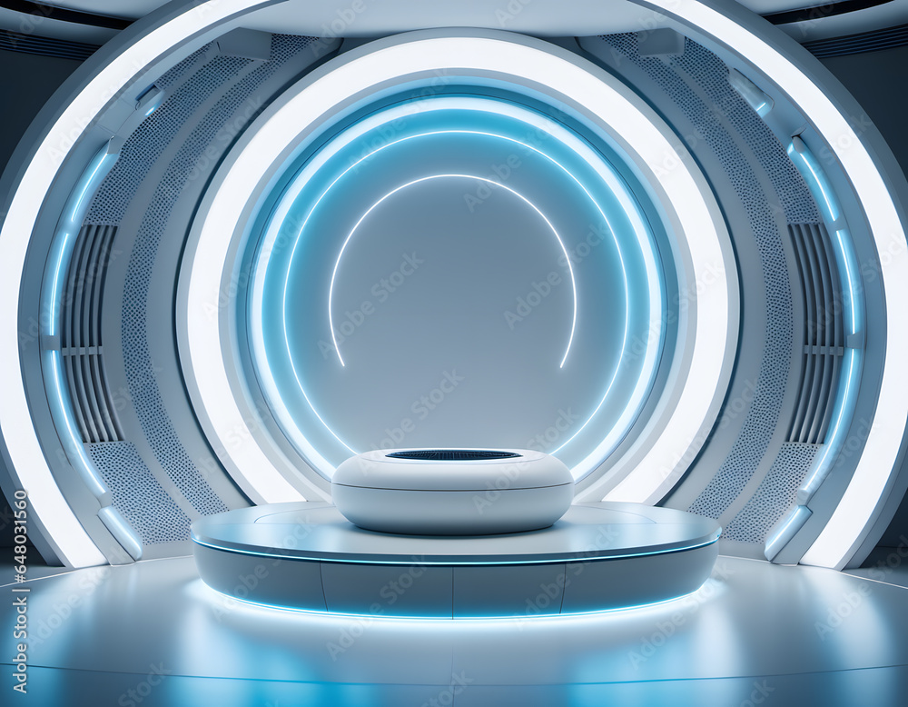Obraz premium Futuristic empty stand for modern future background technology sci-fi. AI generative.