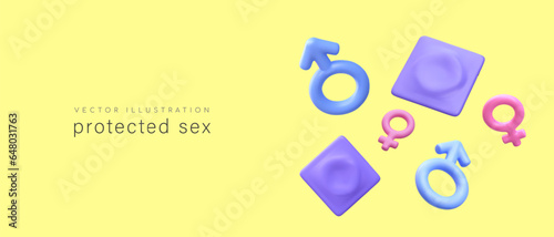 World Sexual Health Day. Safe sex. Poster with condoms in different colors. Floating vector objects, text. Birth control. Caring for men and women. Cartoon style concept