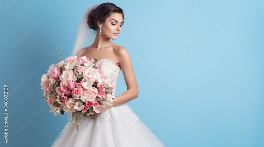 Bride in white wedding dress holding bridal bouquet Bride in white wedding dress holding bridal bouquet