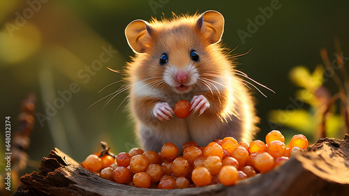 hamster eating a carrot on a tree stump Generative AI photo