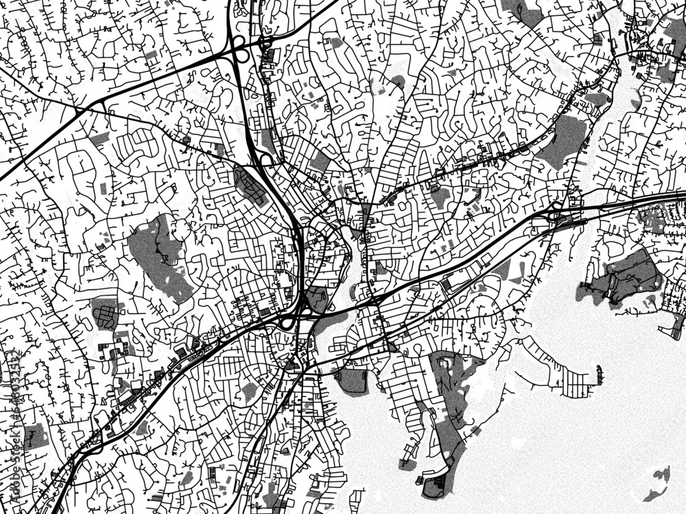 Greyscale vector city map of  Norwalk Connecticut in the United States of America with with water, fields and parks, and roads on a white background.