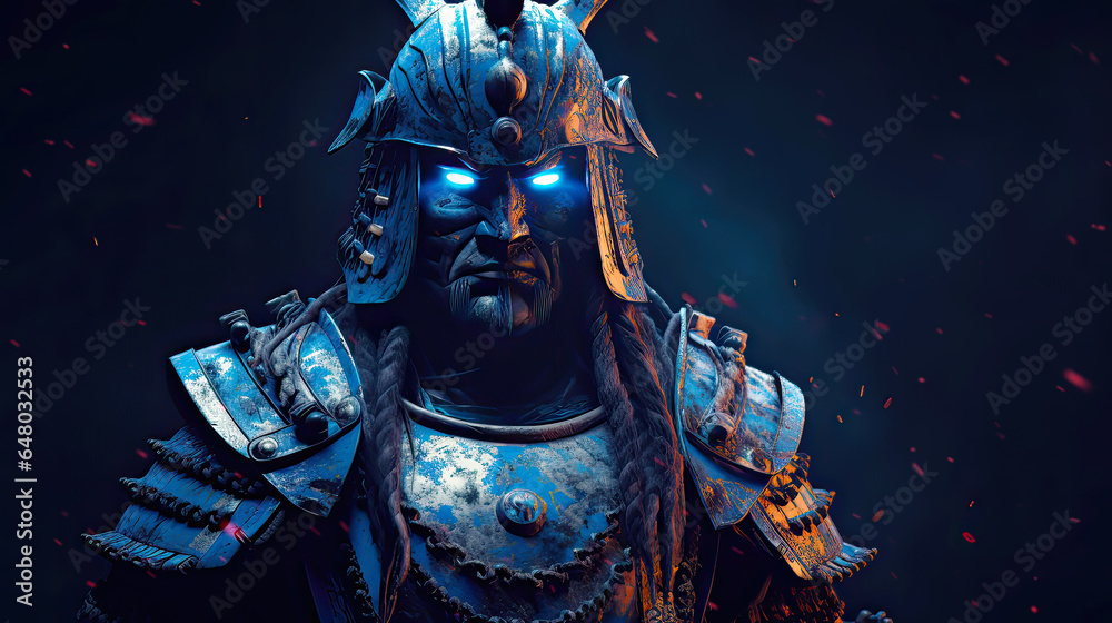 Fantasy character portrait of blue ancient japanese samurai. Postproducted generative AI illustration.