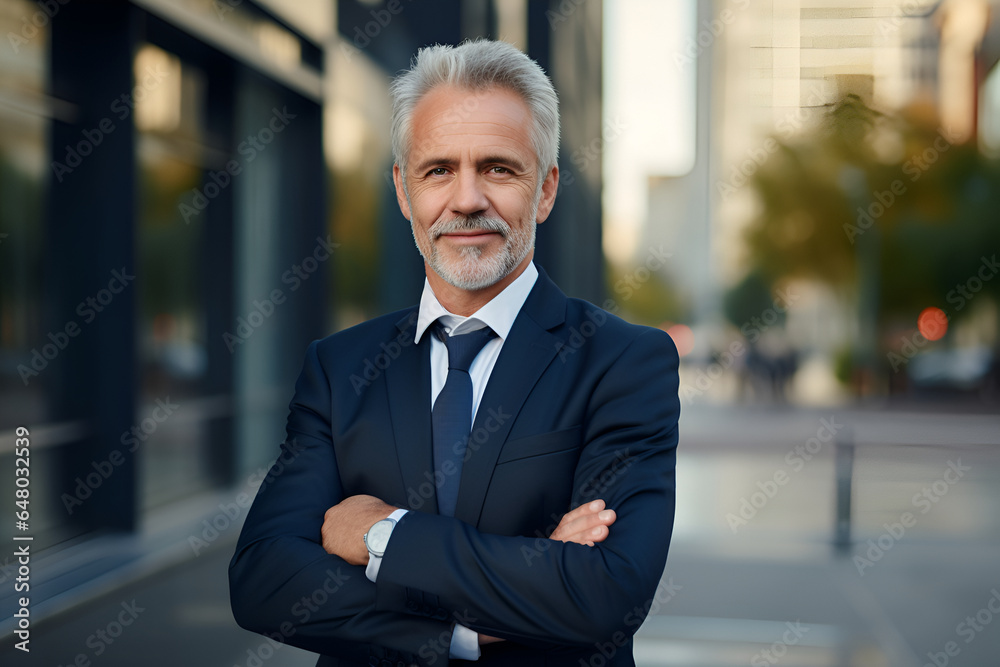 Portrait of a handsome old businessman, manager, leader standing in a suit near the office center and crossing his arms confidently smiling at the camera Portrait of a handsome old businessman, manager, leader standing in a suit near the office center and crossing his arms confidently smiling at the camera