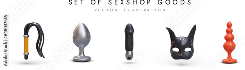 3D sex shop goods. Whip, anal plug, vibrator, black mask. Set of color isolated illustrations. Toys for adults. Accessories for BDSM. Icons for online store