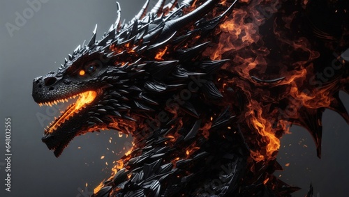 Head of a dragon breathing fire over black background