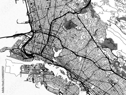 Greyscale vector city map of  Oakland California in the United States of America with with water, fields and parks, and roads on a white background.