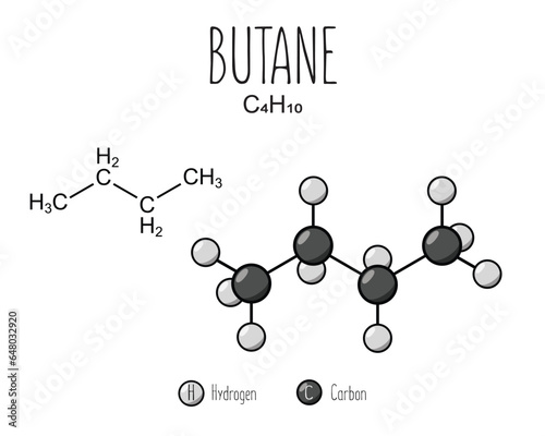 Butane skeletal structure and flat model representation, isolated on a blank background. Vector editable