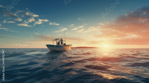 Fishermen on a boat in the middle of the sea, AI generated Image © musa