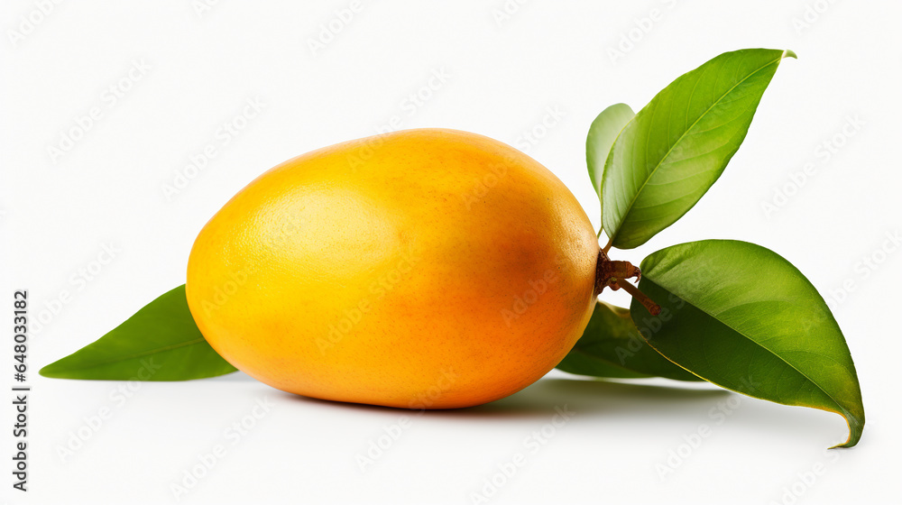 A ripe mango in yellow color on a neutral background.