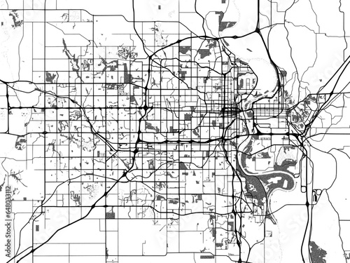 Greyscale vector city map of  Omaha Nebraska in the United States of America with with water  fields and parks  and roads on a white background.