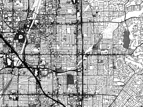 Greyscale vector city map of  Orange California in the United States of America with with water, fields and parks, and roads on a white background.