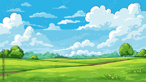 Meadow landscape with grass. Blue sky with white clouds. Flat valley landscape. Empty green field on sunny summer day. Vector