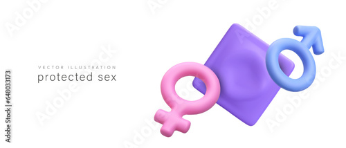 Protected sex. 3D male and female gender symbol, condom. Promotion of healthy lifestyle. Avoiding unwanted pregnancy. Prevention of venereal diseases. Concept on white background