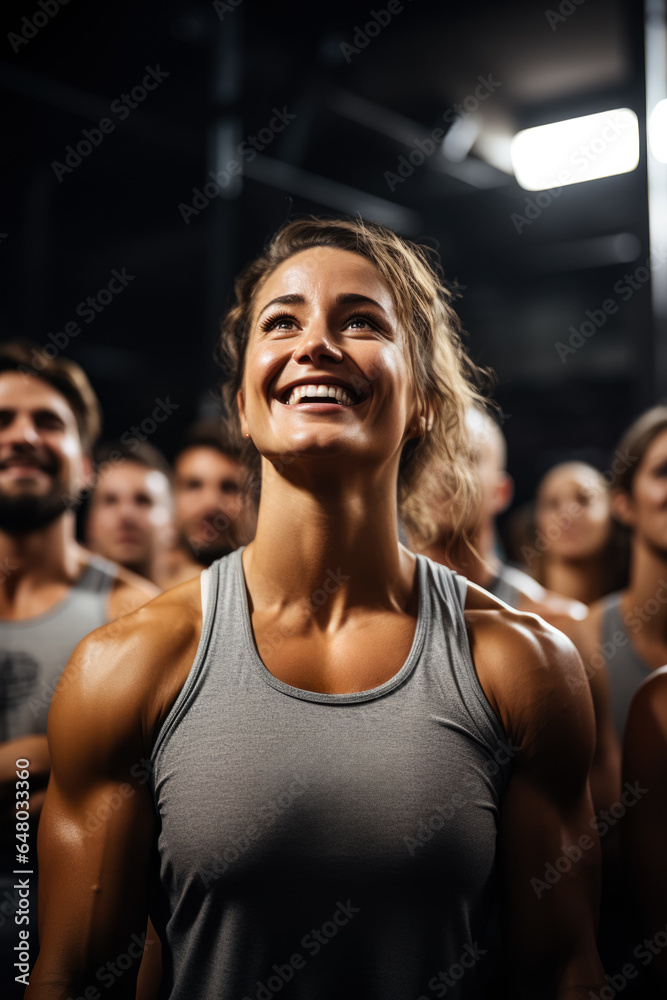 CrossFit athletes lifting weights in a bustling gym background with empty space for text 