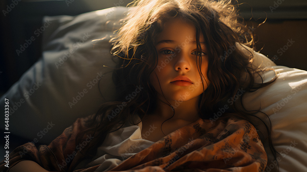 arafed woman laying in bed with a blanket on her head Generative AI ...
