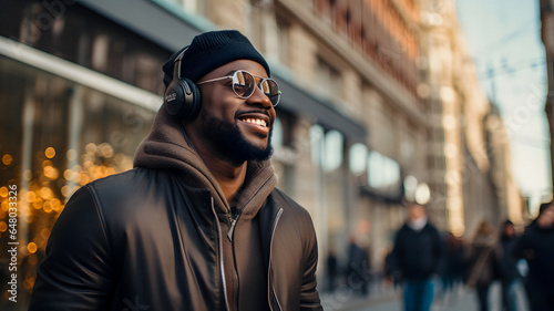 smiling man in black jacket and headphones on city street Generative AI