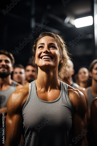 CrossFit athletes lifting weights in a bustling gym background with empty space for text 