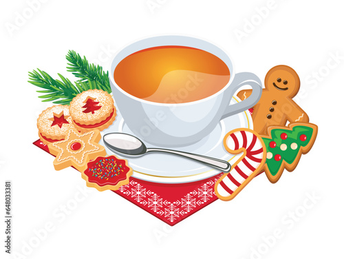 Christmas gingerbread cookies and a cup of tea vector illustration. Delicious tea cakes vector isolated on a white background. Christmas tea drink with shortbread cookies and candies drawing