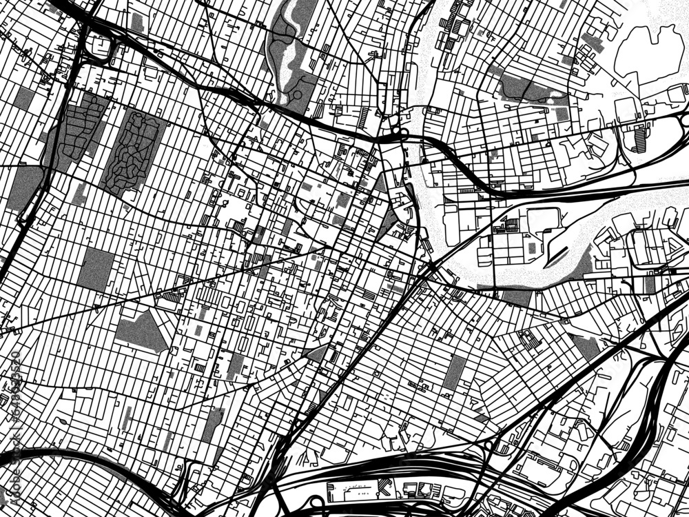Greyscale vector city map of  Newark New Jersey in the United States of America with with water, fields and parks, and roads on a white background.