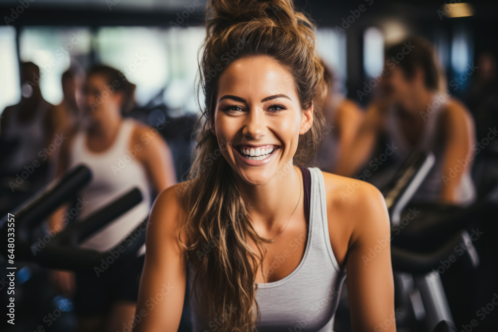 Determined individuals committed to vigorous spinning class in a vibrant fitness club 