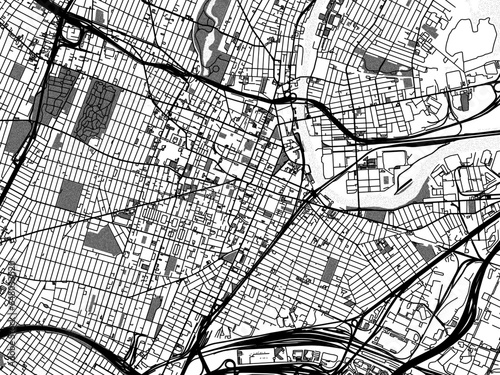 Greyscale vector city map of  Newark New Jersey in the United States of America with with water, fields and parks, and roads on a white background.