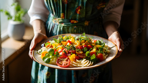 someone holding a plate of pasta with tomatoes and greens Generative AI