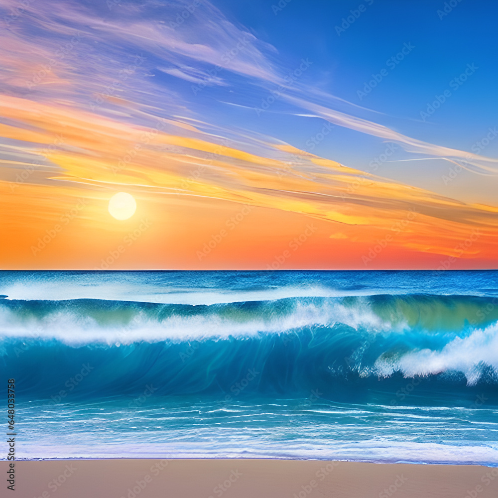 Beach waves at sunset,Generative AI Beach waves at sunset,Generative AI
