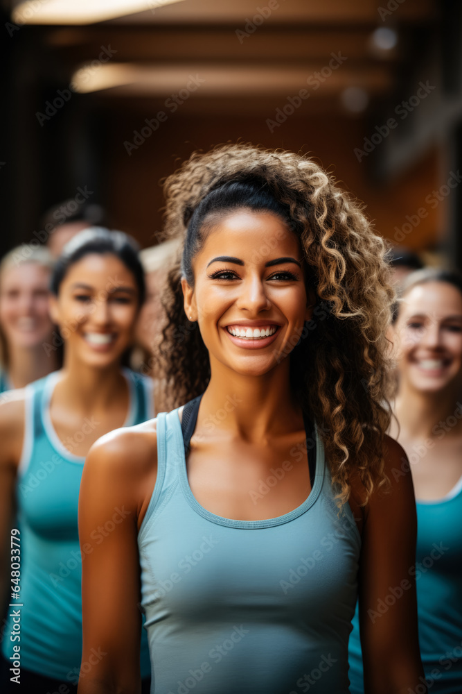 Diverse group participating in aerobics class background with empty space for text 