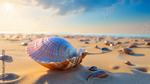 arafed shell on the sand with shells scattered around it Generative AI