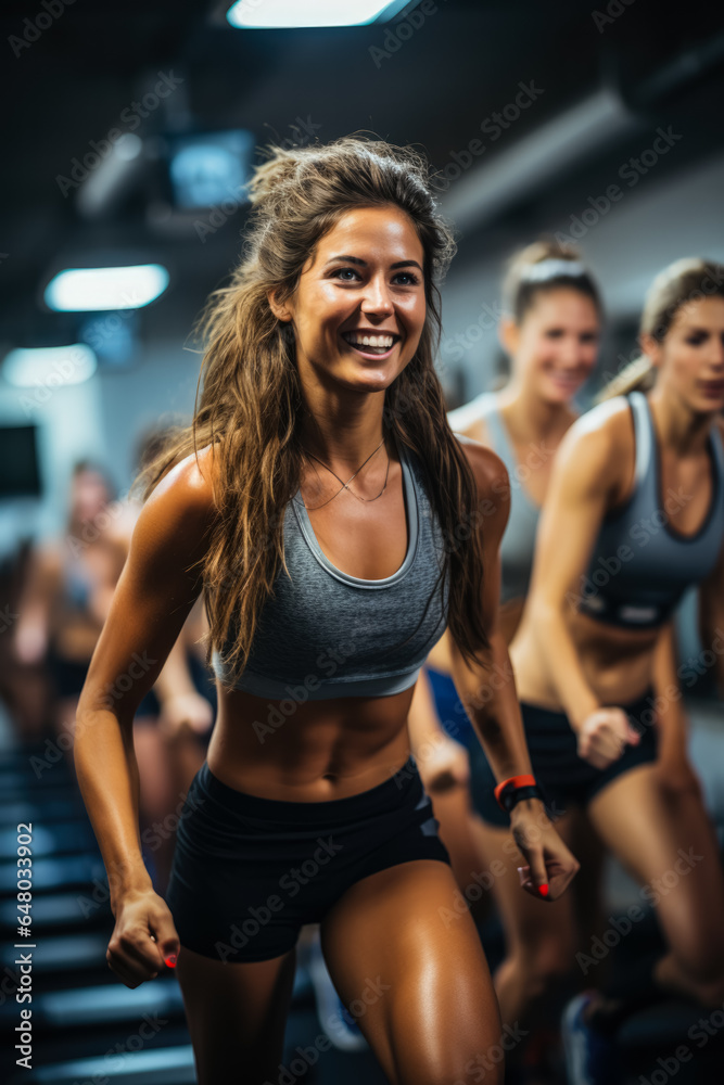 Dynamic HIIT workout progression in action at a bustling fitness club 