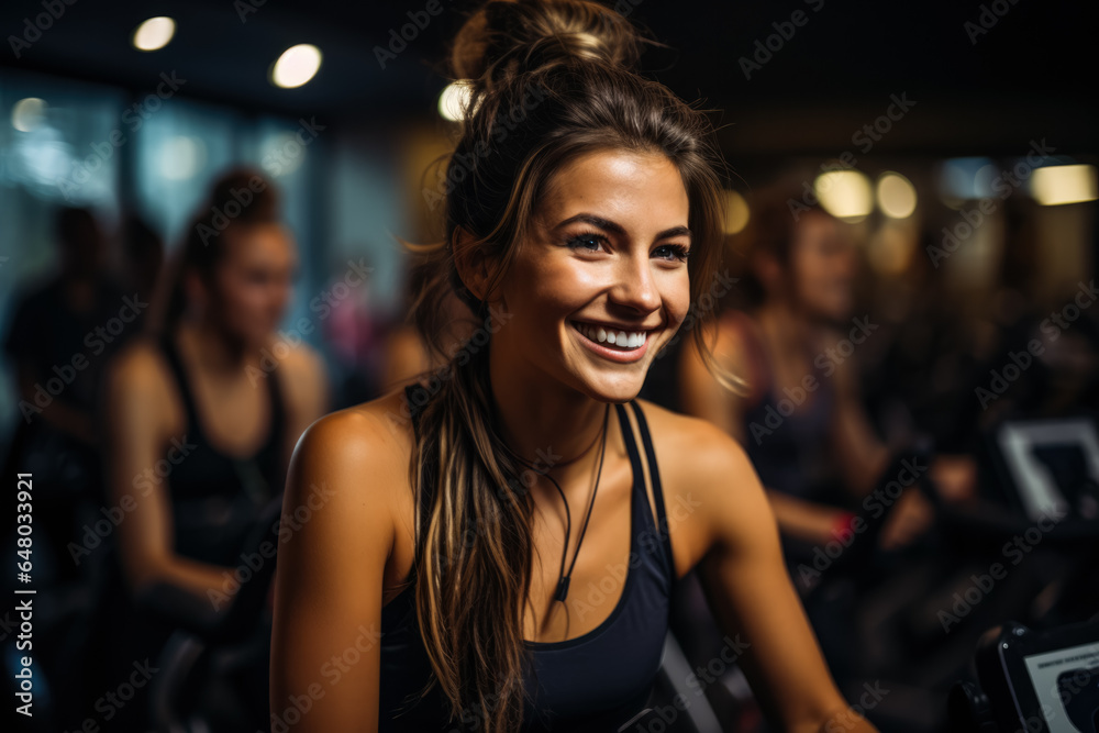 Dynamic individuals cycling vigorously in an intense spinning class at a boutique fitness club 