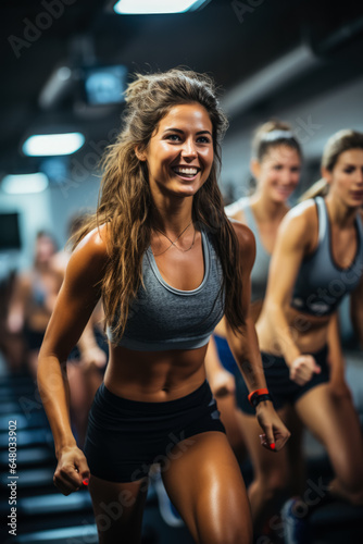Dynamic HIIT workout progression in action at a bustling fitness club 