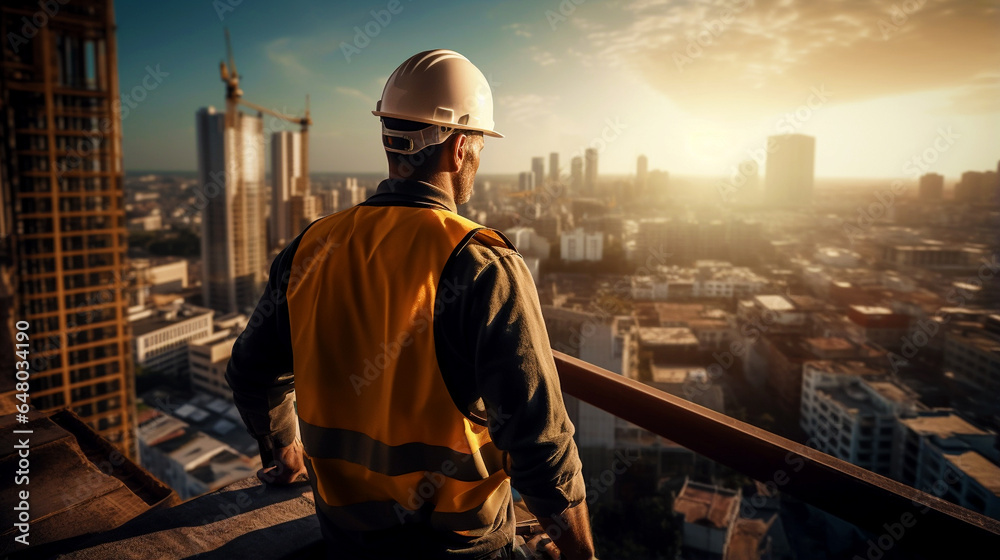 master builder surveys the city at sunset from the roof of a house under construction. Generative Ai master builder surveys the city at sunset from the roof of a house under construction. Generative Ai