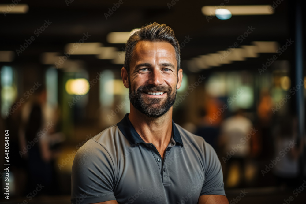 Personal trainer instructing at fitness club background with empty space for text Personal trainer instructing at fitness club background with empty space for text