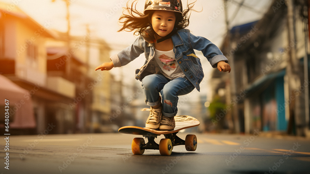 arafed child riding a skateboard down a city street Generative AI - obrazy, fototapety, plakaty 