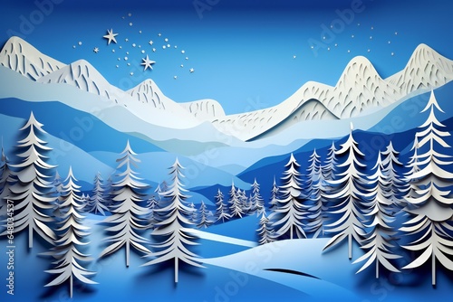 Winter paper cut landscape with snowy mountains and blue sky, fir trees in the background Generative AI © LayerAce.com