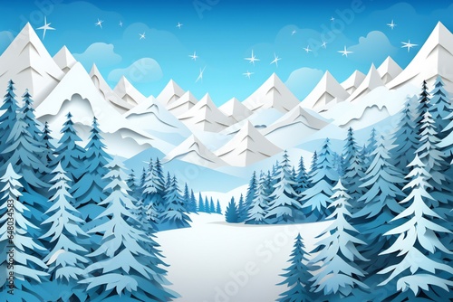 Winter paper cut landscape with snowy mountains and blue sky, fir trees in the background Generative AI © LayerAce.com