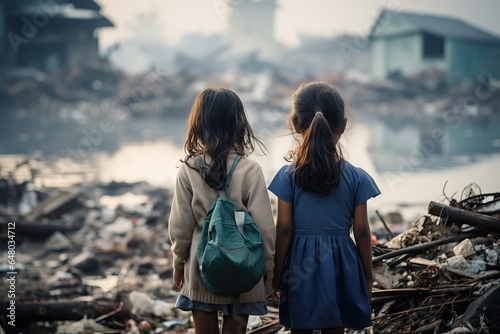 two girls look at the city destroyed after the flood