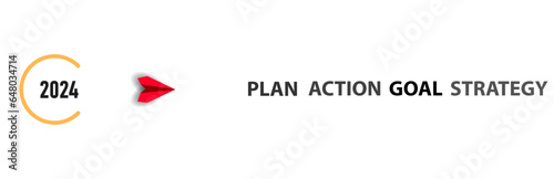 Red airplane going towards goal, plan, action. 2024 year plan idea concept.business creativity new idea discovery innovation technology.