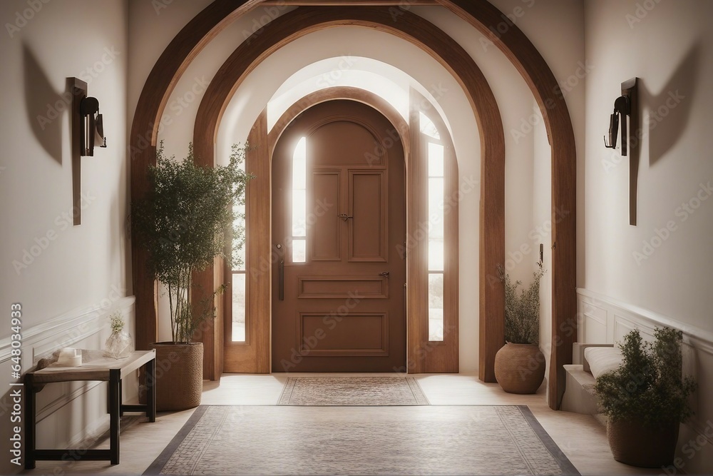 Mediterranean-style hallway with an arched door. Interior design of modern rustic entrance hall